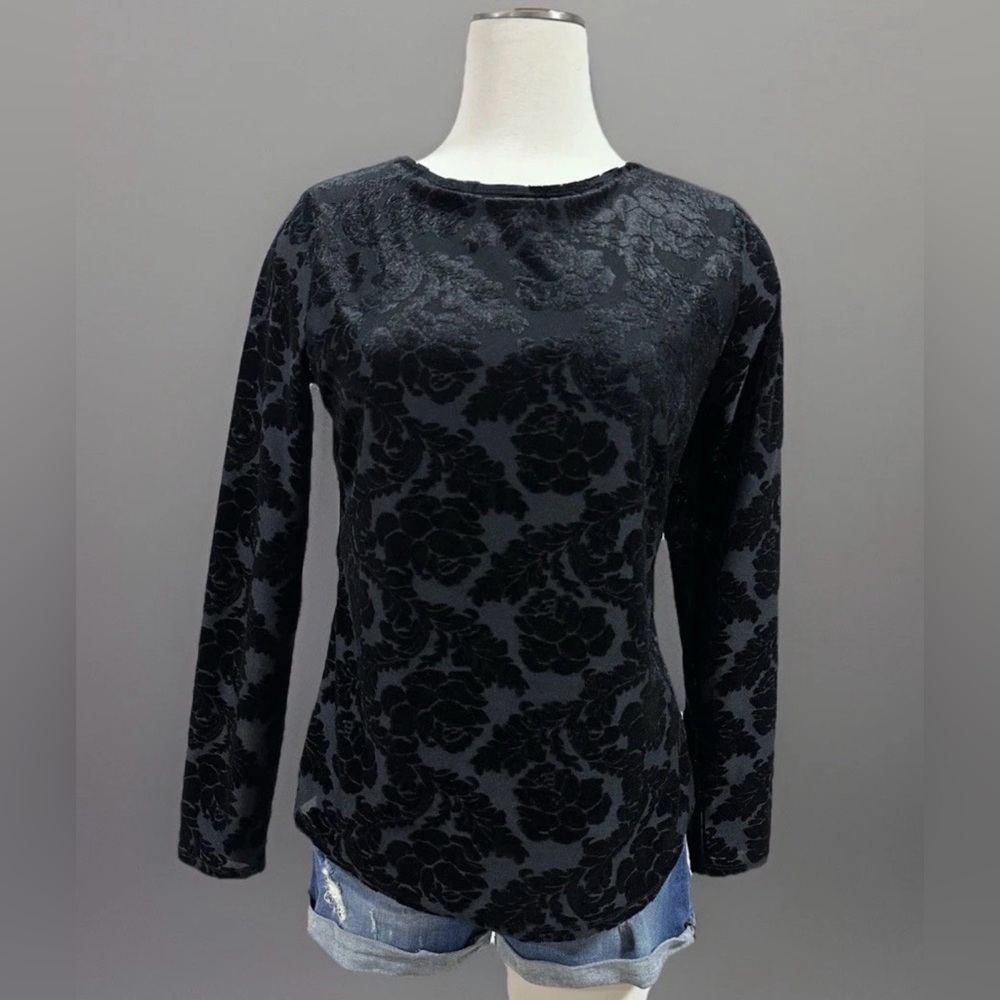 Sundance Floral Velvet Burnout Stretch Lined Long Sleeves Top in Black Medium
